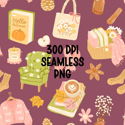 Cozy Autumn Seamless Pattern PNG, Fall Aesthetic Digital Paper, Pumpkin Books Sweater Pattern, Cute Fall Repeat Design, Commercial Use