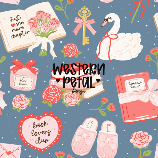 romance reader seamless pattern with books roses swan coquette bows book lover club design blue background