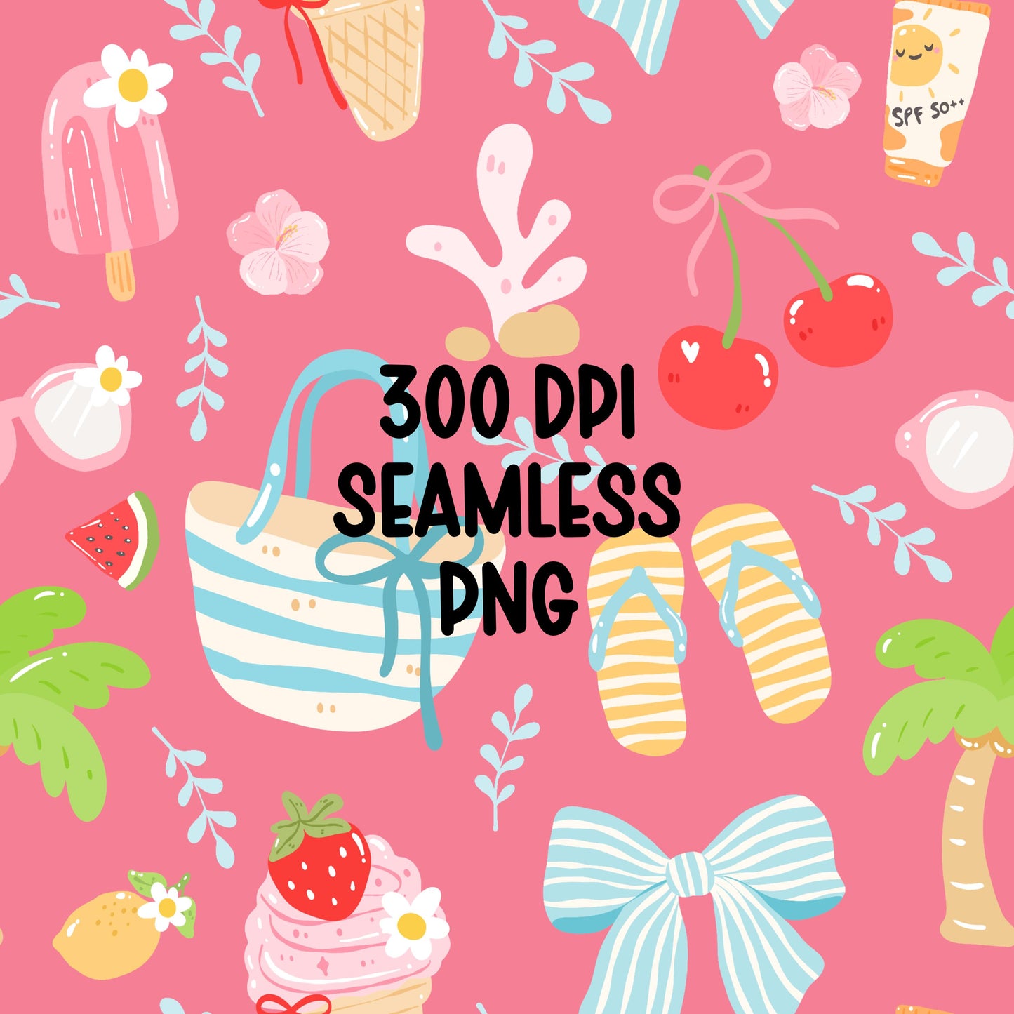 Coastal Summer Seamless Pattern PNG, Beach Coquette Pattern, Pink Blue Summer Digital Paper, Bows Cherries Ice Cream, Preppy Beach Design