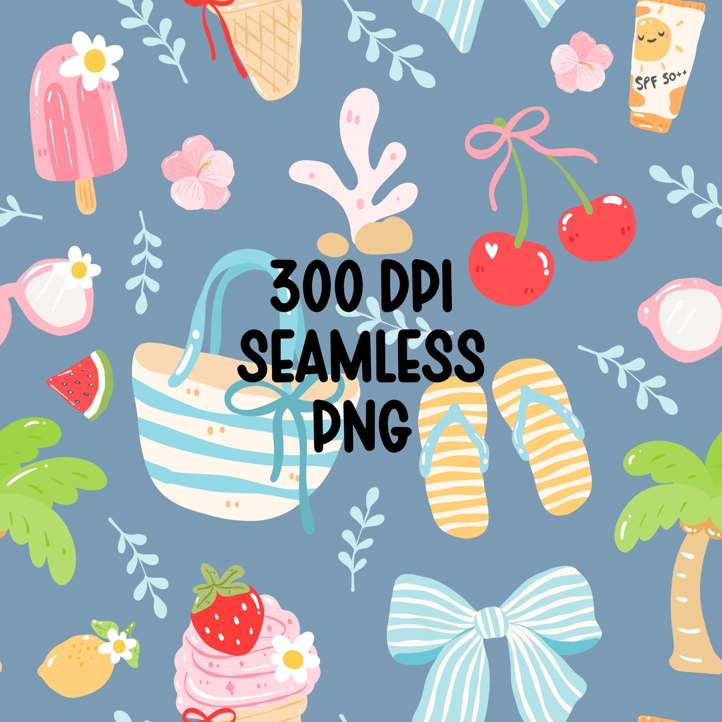 Coastal Summer Seamless Pattern PNG, Beach Coquette Pattern, Pink Blue Summer Digital Paper, Bows Cherries Ice Cream, Preppy Beach Design