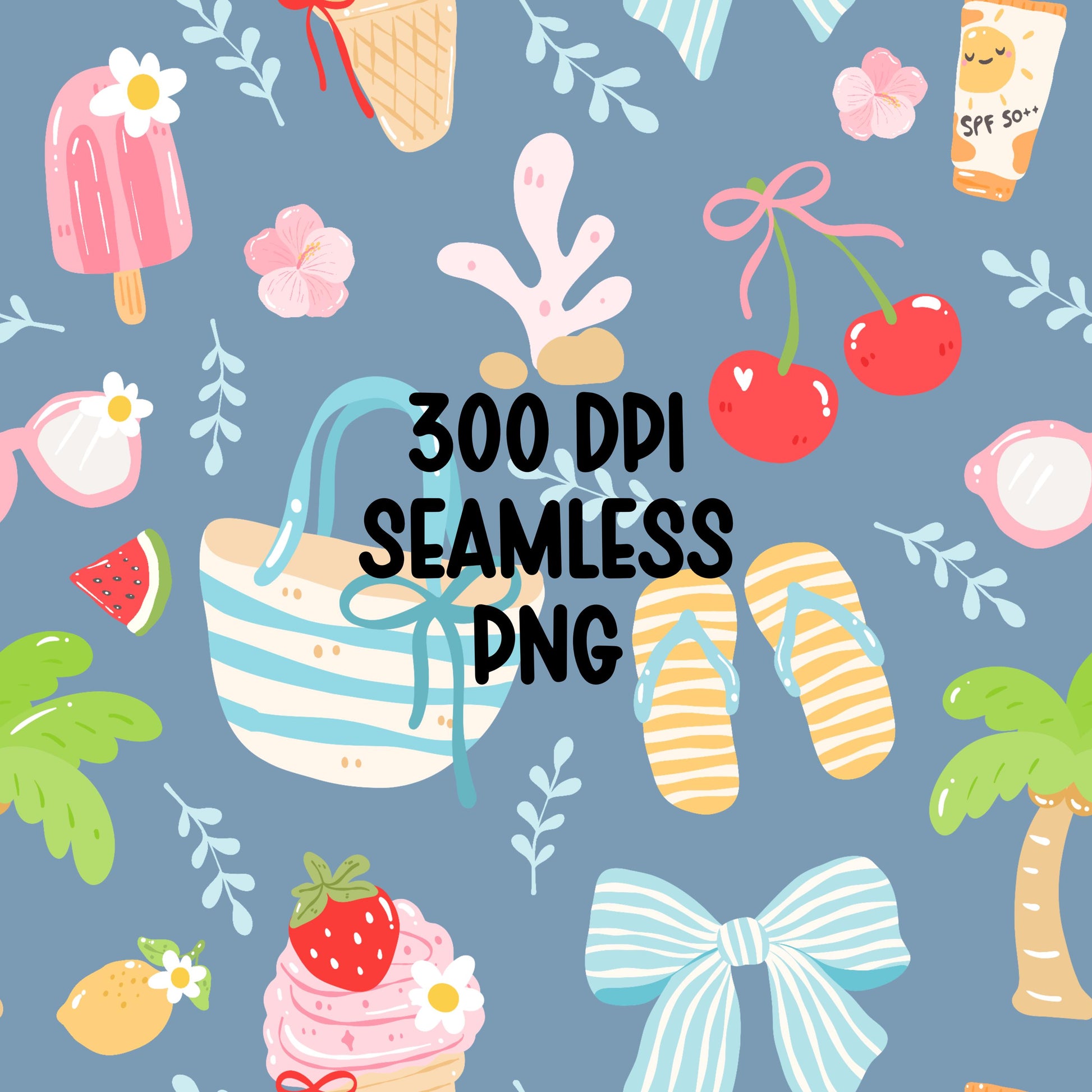 Coastal Summer Seamless Pattern PNG, Beach Coquette Pattern, Pink Blue Summer Digital Paper, Bows Cherries Ice Cream, Preppy Beach Design