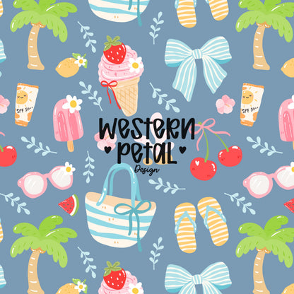 Coastal Summer Seamless Pattern PNG, Beach Coquette Pattern, Pink Blue Summer Digital Paper, Bows Cherries Ice Cream, Preppy Beach Design