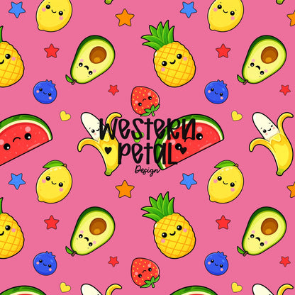 kawaii dancing fruit seamless pattern with banana strawberry watermelon pineapple on pink background
