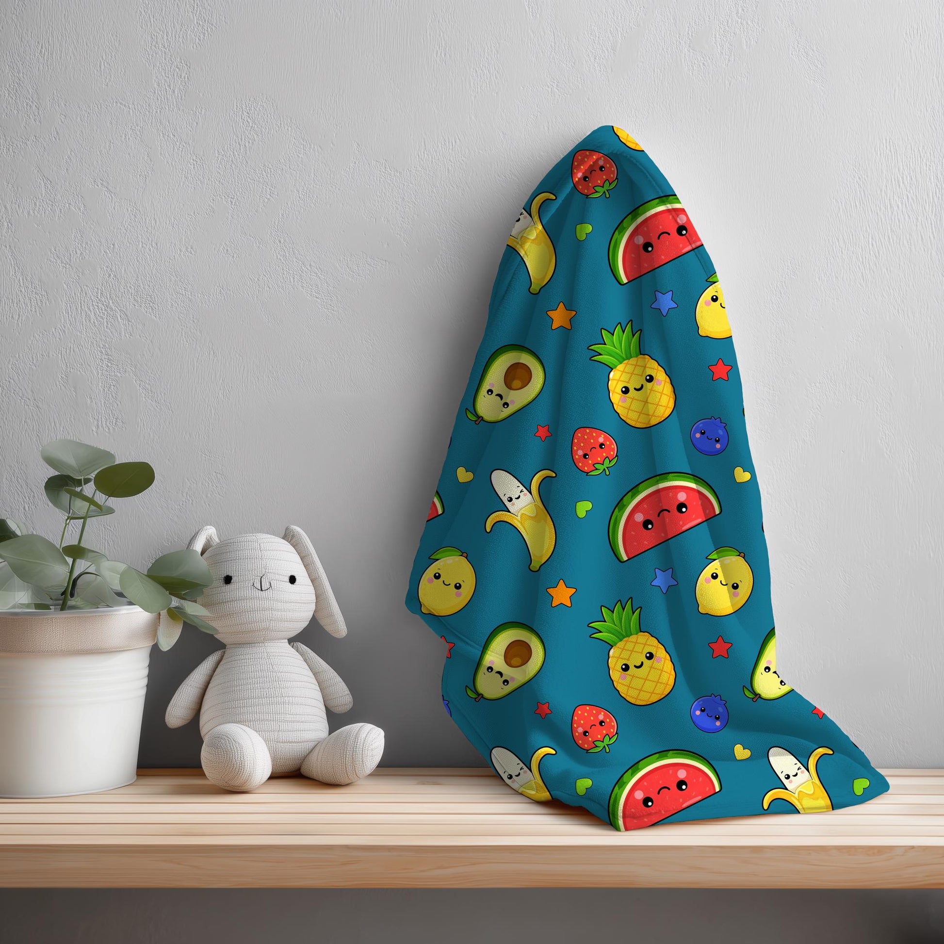 Kawaii Fruit Seamless Pattern PNG, Dancing Fruit Pattern, Cute Kids Fruit Design, Banana Strawberry Watermelon Pineapple Blue Digital Paper