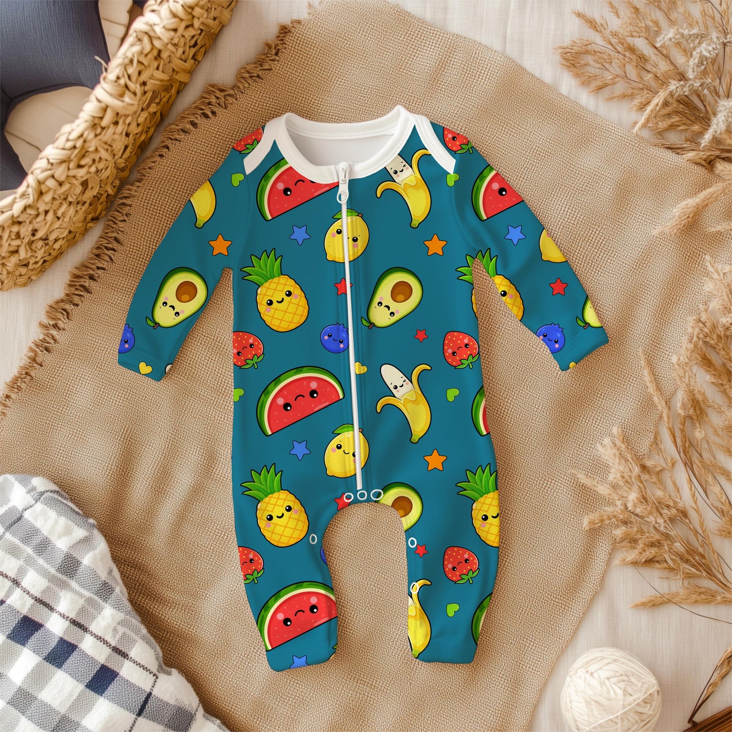 Kawaii Fruit Seamless Pattern PNG, Dancing Fruit Pattern, Cute Kids Fruit Design, Banana Strawberry Watermelon Pineapple Blue Digital Paper