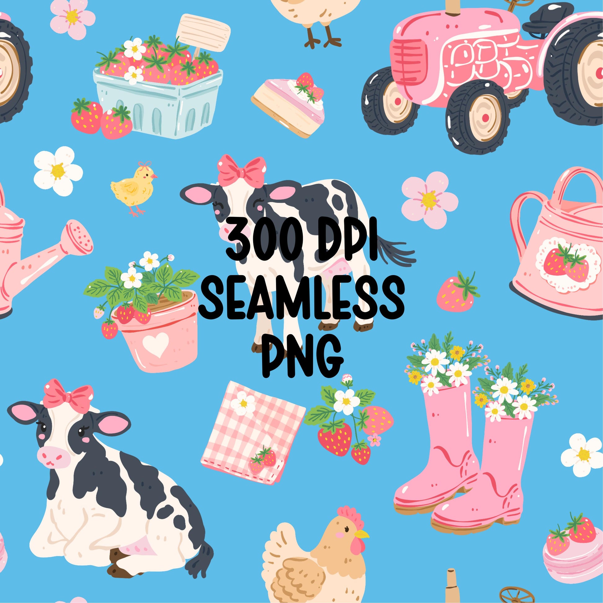 Pink Farm Seamless Pattern, Strawberry Cow Tractor Pattern, Cute Farm Animals Digital Paper, Western Coquette Pattern, Blue Background PNG