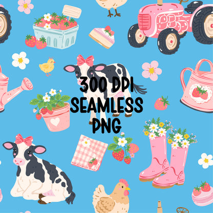 Pink Farm Seamless Pattern, Strawberry Cow Tractor Pattern, Cute Farm Animals Digital Paper, Western Coquette Pattern, Blue Background PNG