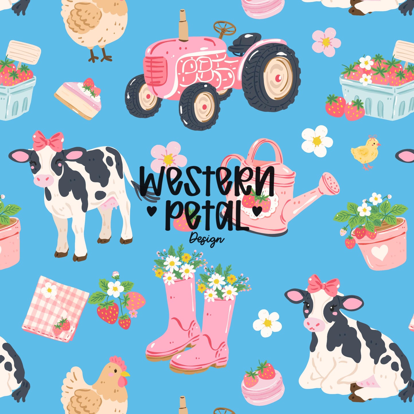 pink farm seamless pattern with cows, tractor, strawberries, boots, and flowers on blue background