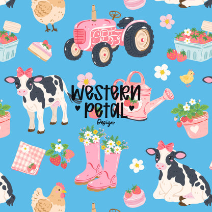 pink farm seamless pattern with cows, tractor, strawberries, boots, and flowers on blue background