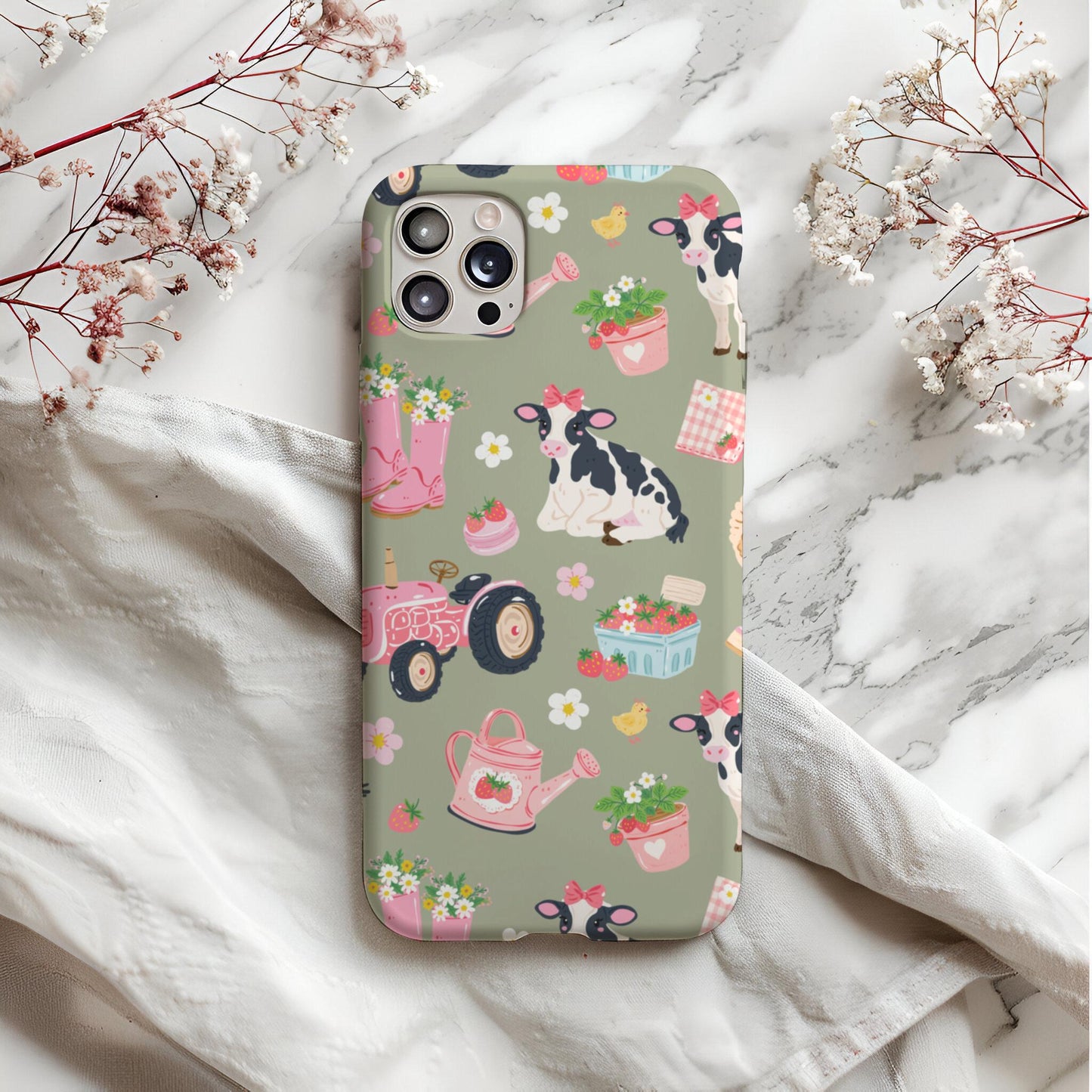 Strawberry Cow Seamless Pattern, Pink Farm Animal Pattern, Cute Cow Strawberries Tractor Design, Coquette Western Digital Paper PNG