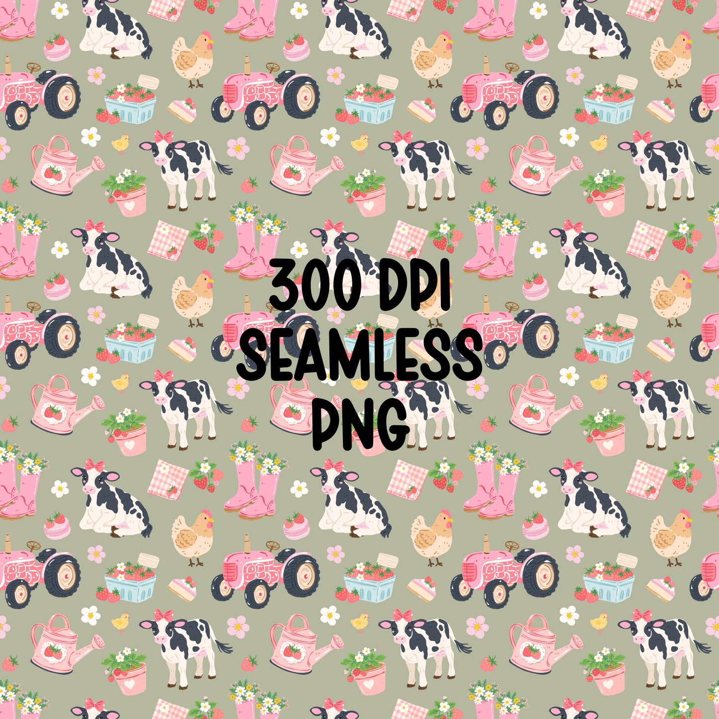Strawberry Cow Seamless Pattern, Pink Farm Animal Pattern, Cute Cow Strawberries Tractor Design, Coquette Western Digital Paper PNG