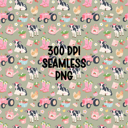 Strawberry Cow Seamless Pattern, Pink Farm Animal Pattern, Cute Cow Strawberries Tractor Design, Coquette Western Digital Paper PNG