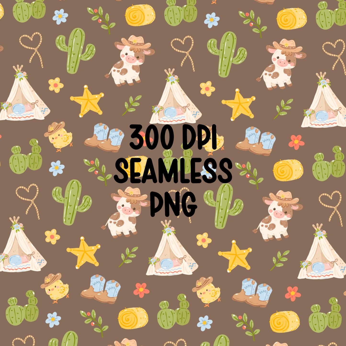Western Seamless Pattern, Cowboy Cow Cactus Pattern, Boho Western Digital Paper, Cute Farm Desert Pattern, Kids Western PNG
