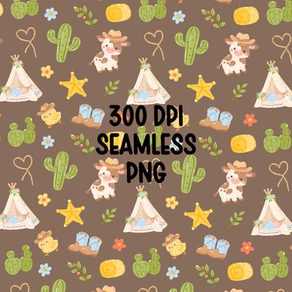 Western Seamless Pattern, Cowboy Cow Cactus Pattern, Boho Western Digital Paper, Cute Farm Desert Pattern, Kids Western PNG