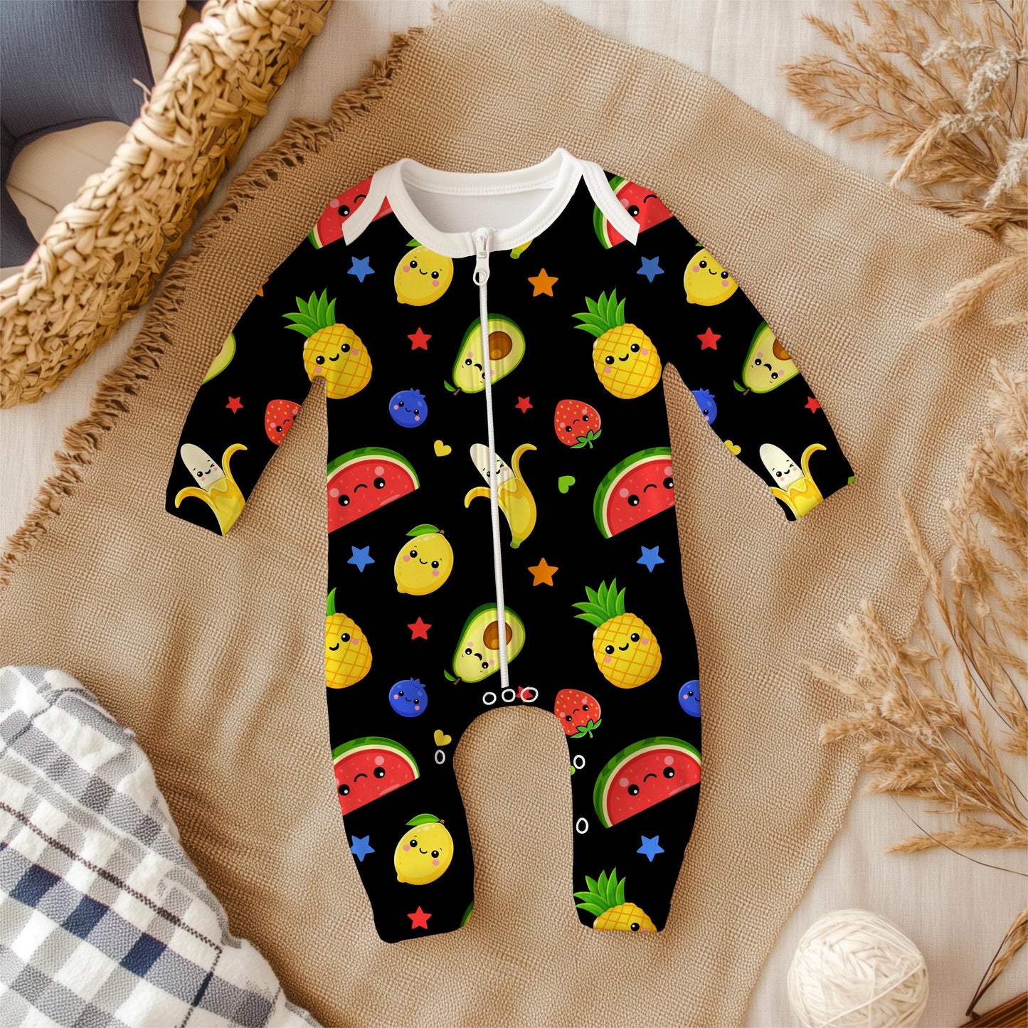 Kawaii Fruit Seamless Pattern PNG, Dancing Fruit Pattern, Cute Kids Fruit Design, Banana Strawberry Watermelon Pineapple Black Digital Paper