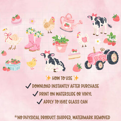 Strawberry Farm Glass Can Wrap PNG, Pink Cow Chicken Tractor 16oz Libbey Wrap, Coquette Country Western Tumbler Design, Cute Farm Clipart