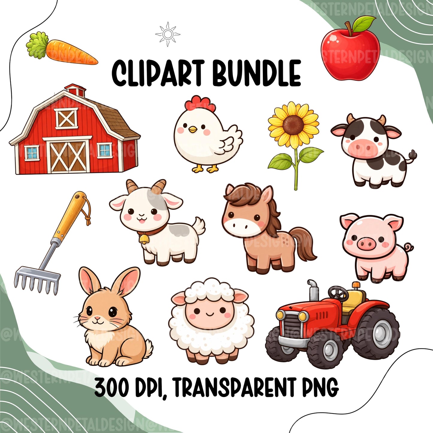 cute farm animal clipart bundle barn cow pig chicken goat sheep horse tractor sunflower carrot apple png