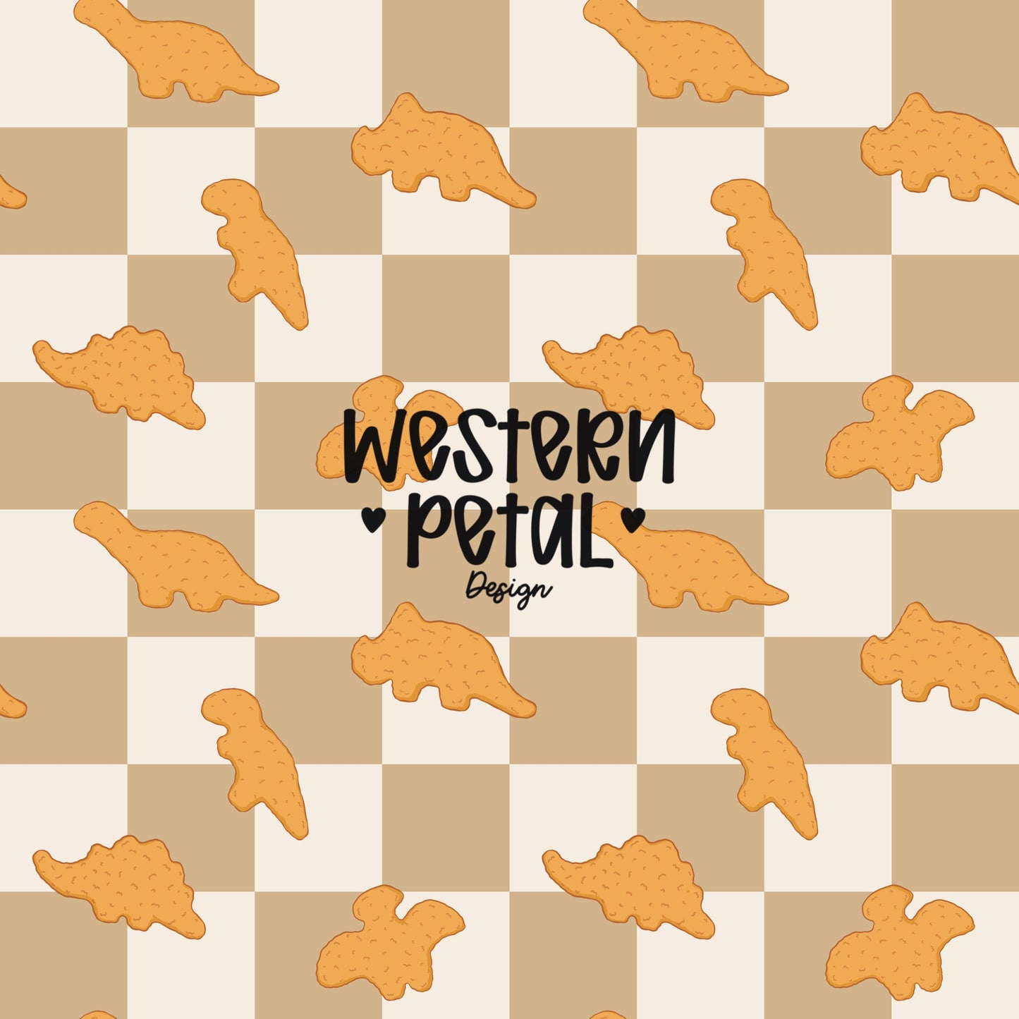 Dino Nugget Seamless Pattern PNG, Tan | Brown Checkerboard Dinosaur Chicken Nugget Food Digital Paper, Kids Snack Printable Background