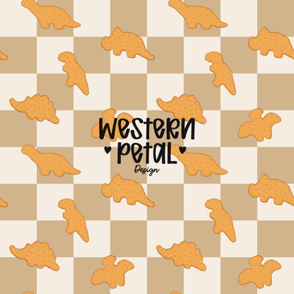 Dino Nugget Seamless Pattern PNG, Tan | Brown Checkerboard Dinosaur Chicken Nugget Food Digital Paper, Kids Snack Printable Background