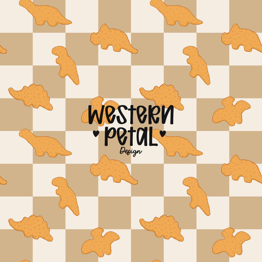 Dino Nugget Seamless Pattern PNG, Tan | Brown Checkerboard Dinosaur Chicken Nugget Food Digital Paper, Kids Snack Printable Background