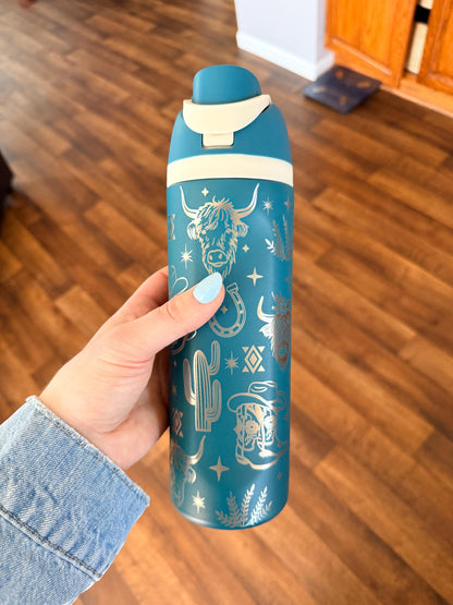 Western Owala DUPE 24 oz Tumbler | Engraved Cowgirl Water Bottle | Cactus Boots Highland Cow| Leak Proof Straw Lid | Western Gift for Her
