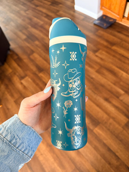 Western Owala DUPE 24 oz Tumbler | Engraved Cowgirl Water Bottle | Cactus Boots Highland Cow| Leak Proof Straw Lid | Western Gift for Her