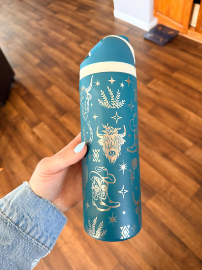 Western Owala DUPE 24 oz Tumbler | Engraved Cowgirl Water Bottle | Cactus Boots Highland Cow| Leak Proof Straw Lid | Western Gift for Her