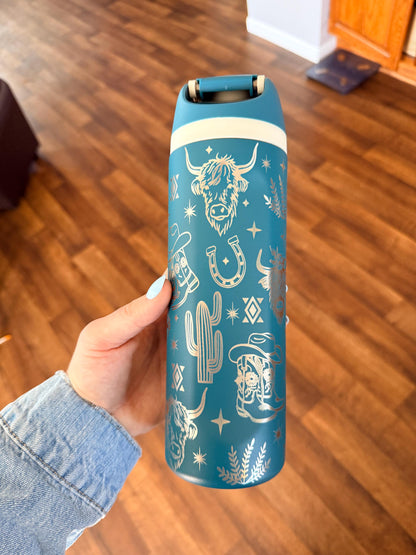 Western Owala DUPE 24 oz Tumbler | Engraved Cowgirl Water Bottle | Cactus Boots Highland Cow| Leak Proof Straw Lid | Western Gift for Her
