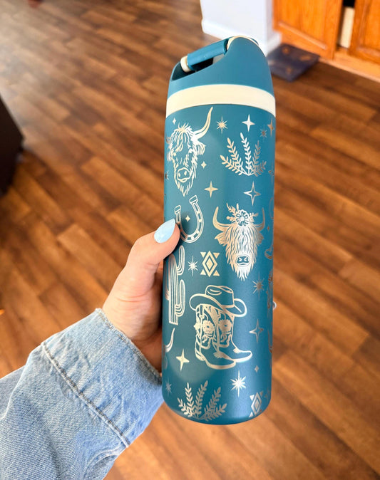Western Owala DUPE 24 oz Tumbler | Engraved Cowgirl Water Bottle | Cactus Boots Highland Cow| Leak Proof Straw Lid | Western Gift for Her