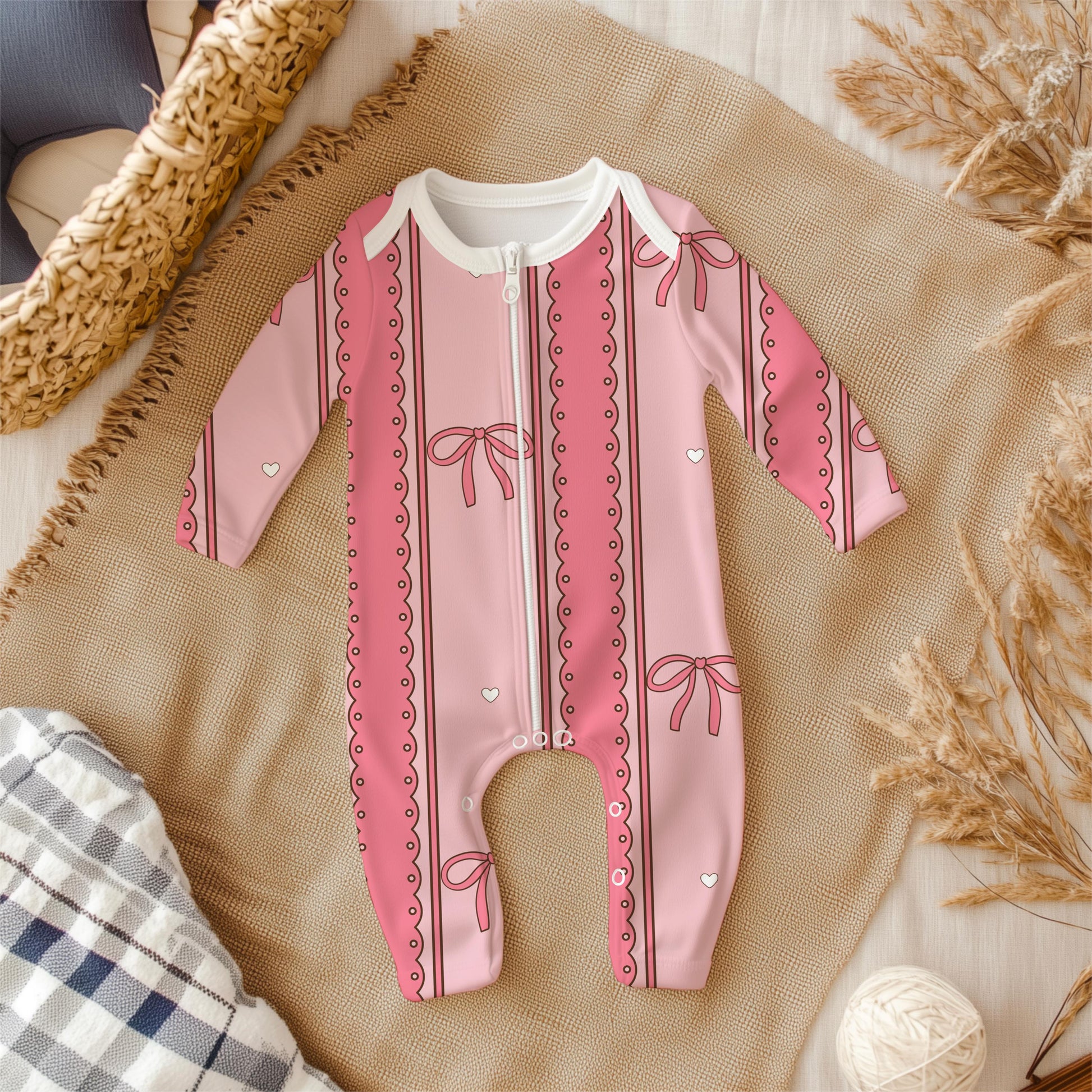 Pink Scallop Stripe Pattern, Girly Hearts Fabric, Seamless Nursery Design (Digital Download)