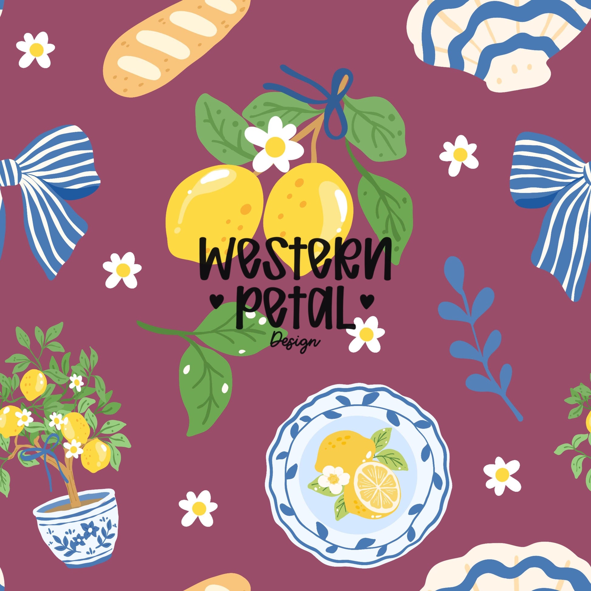 Lemon Seamless Pattern PNG, Blue Bow Lemon Pattern, Cottagecore Lemon Digital Paper, Summer Lemon Print, 12x12 300 DPI