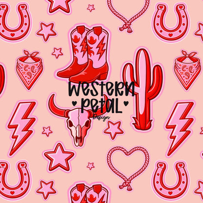 pink neon western seamless pattern with cowgirl boots, skull, horseshoe, cactus and stars