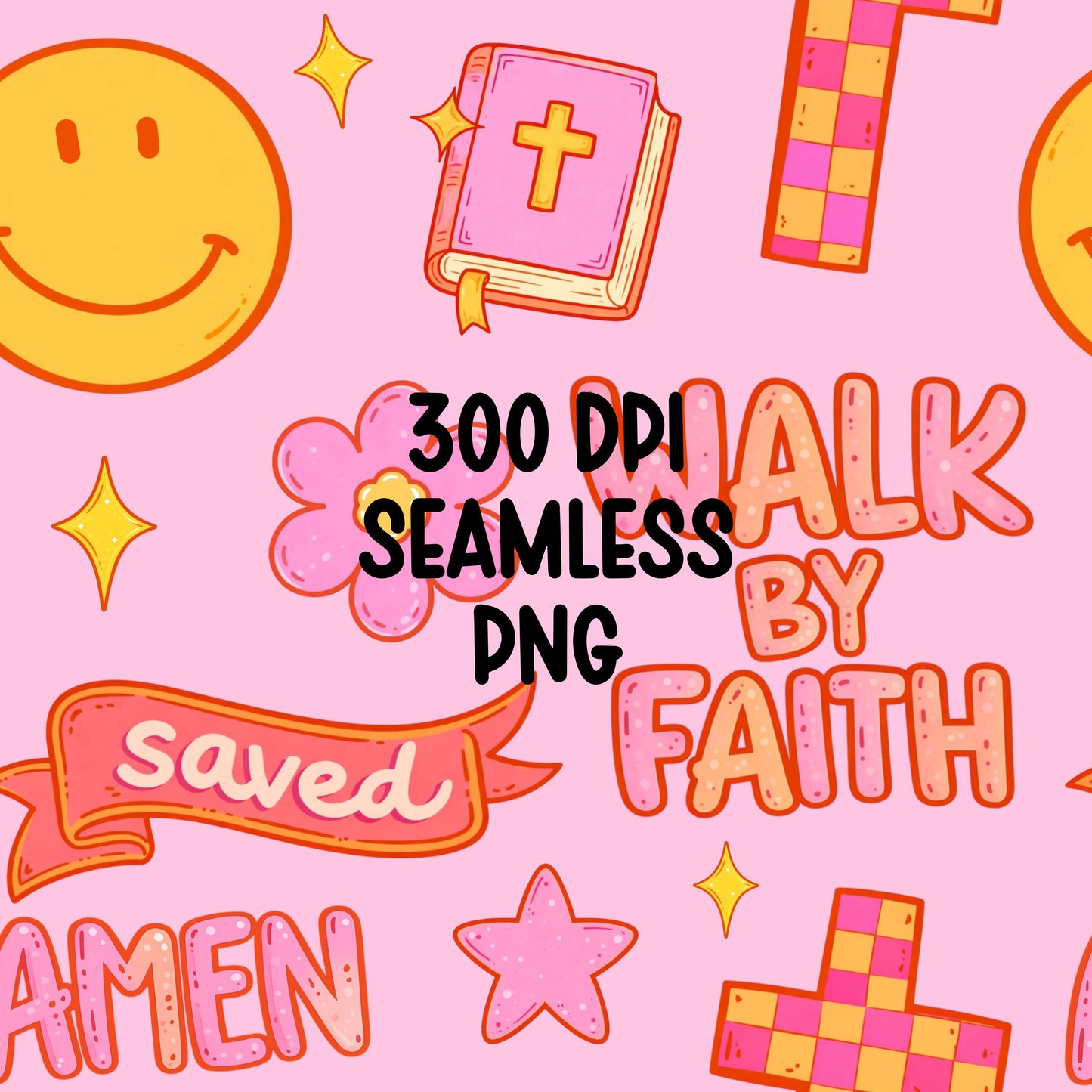 Retro Christian Seamless Pattern PNG, Pink Faith Digital Paper, Walk By Faith, Amen Cross Smiley, Coquette Religious Background