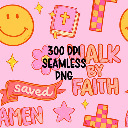 Retro Christian Seamless Pattern PNG, Pink Faith Digital Paper, Walk By Faith, Amen Cross Smiley, Coquette Religious Background