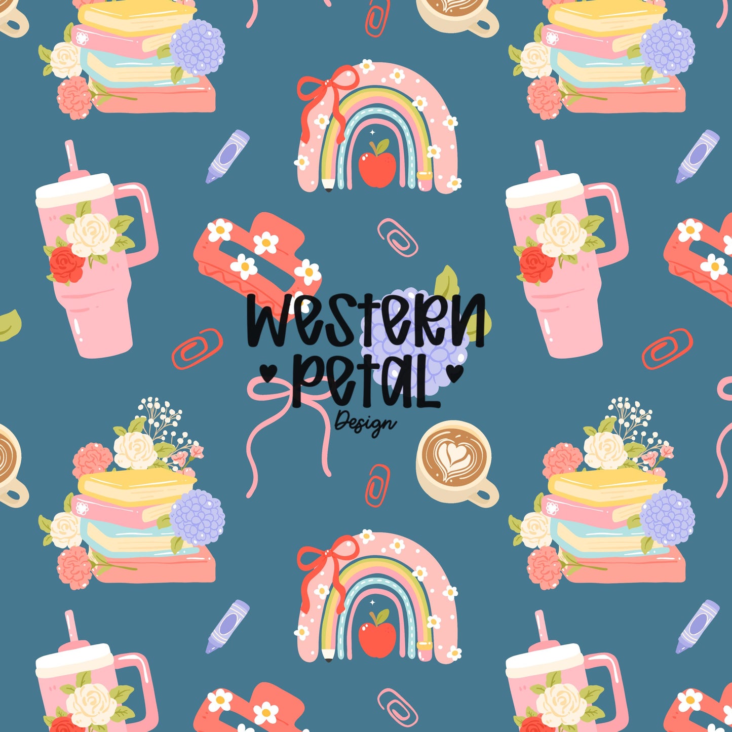 cute teacher seamless pattern with books coffee rainbow apple flowers and tumbler on blue background