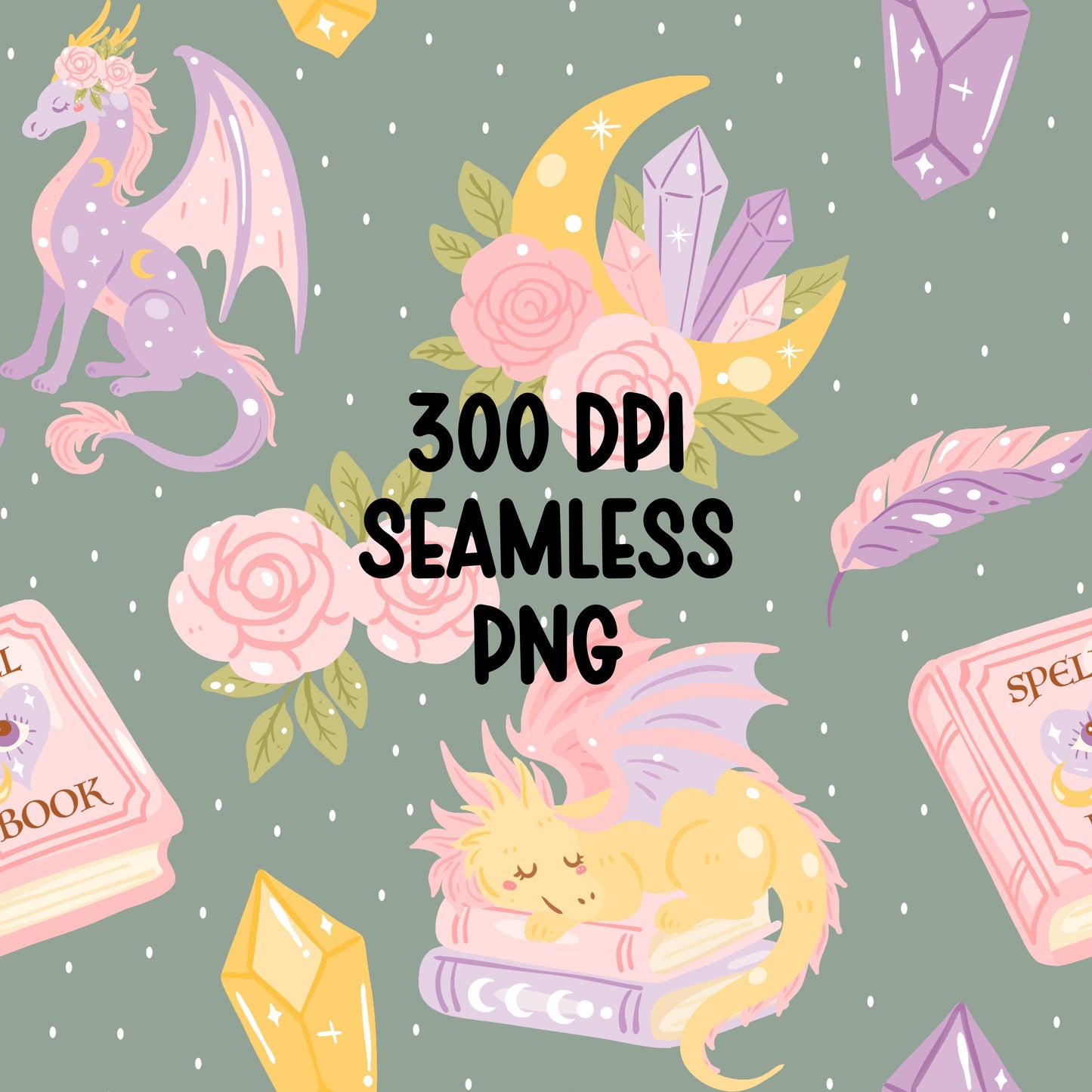 Dragon Seamless Pattern PNG Fantasy Dragon Pastel Spell Book Crystal Moon Floral Digital Paper Cute Magical 12x12 300 DPI