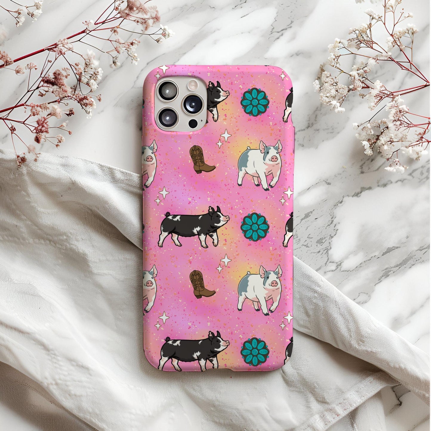 Show Pig Seamless Pattern PNG Pink Livestock Pig Western Boots Turquoise Concho Glitter Background 4H FFA 12x12 300 DPI