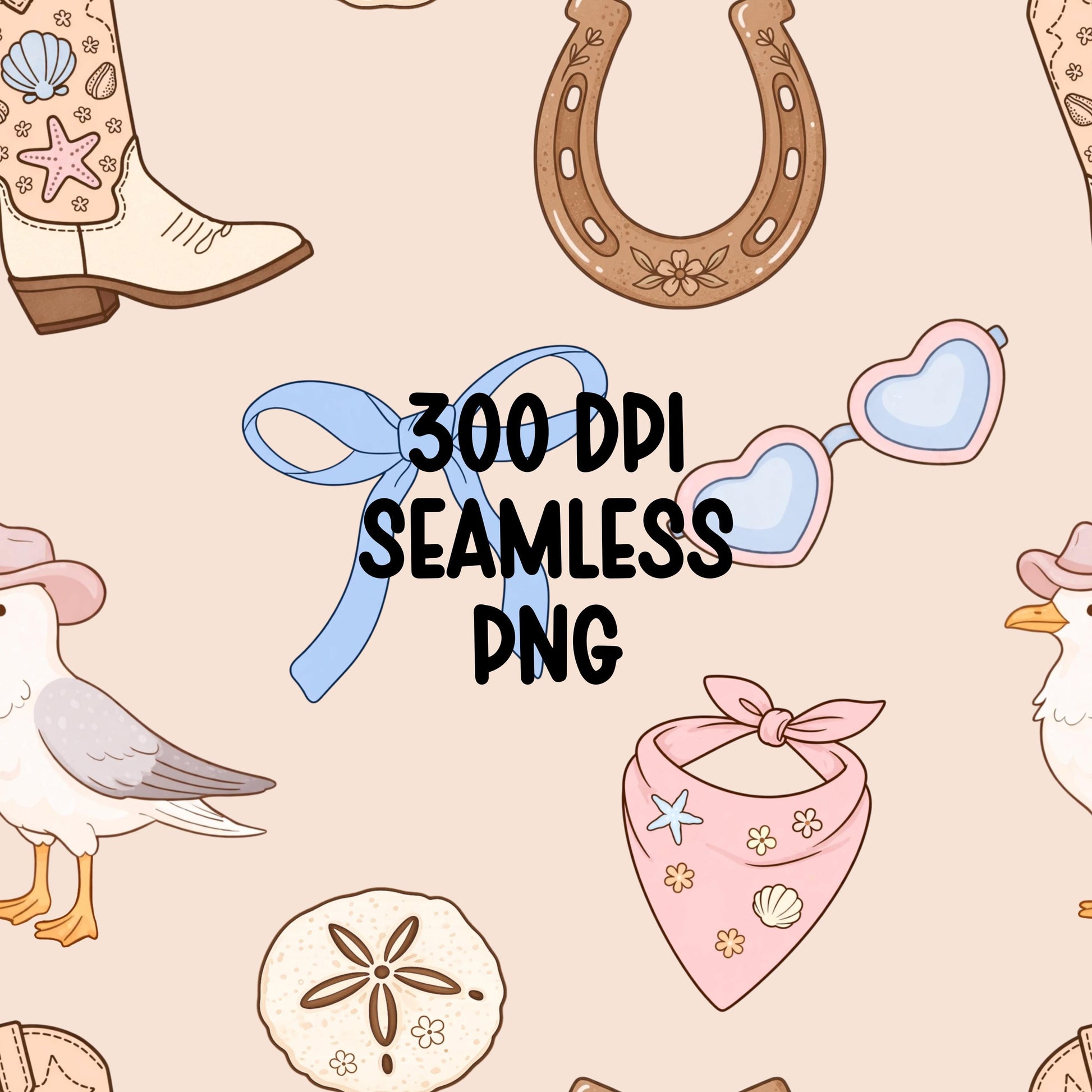 Coastal Cowgirl Seamless Pattern PNG, Western Beach Pattern, Cowboy Boot Bow Seashell Digital Paper, Summer Western Repeat Design