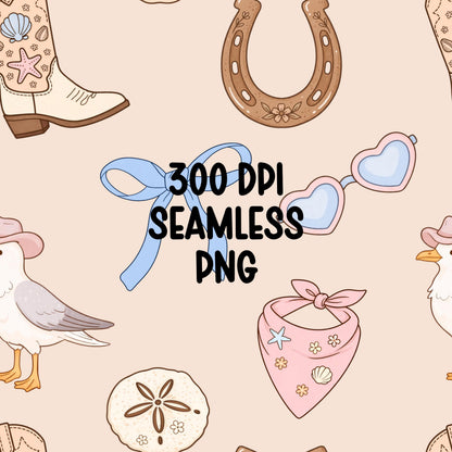 Coastal Cowgirl Seamless Pattern PNG, Western Beach Pattern, Cowboy Boot Bow Seashell Digital Paper, Summer Western Repeat Design