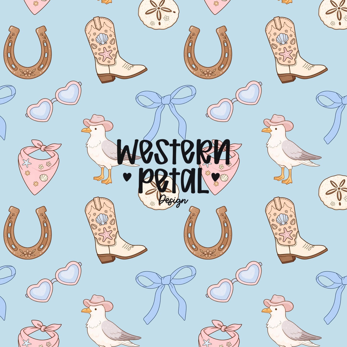 Coastal cowgirl seamless pattern with cowboy boots, horseshoes, bows, seagull with hat, heart sunglasses, shells in pink and blue aesthetic