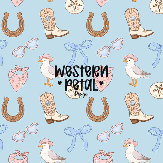 Coastal cowgirl seamless pattern with cowboy boots, horseshoes, bows, seagull with hat, heart sunglasses, shells in pink and blue aesthetic