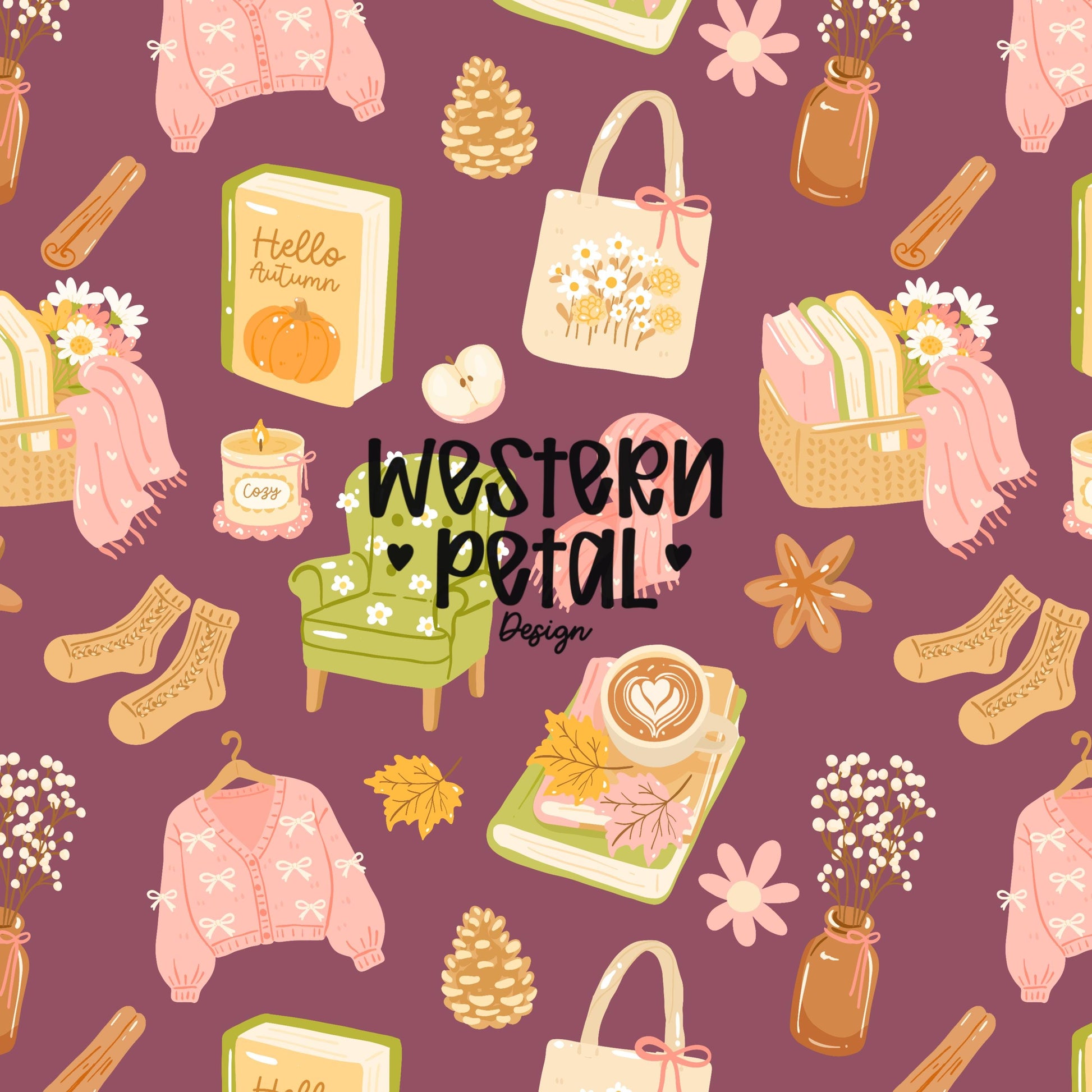 cozy autumn seamless pattern with books pumpkins sweaters latte fall aesthetic digital paper