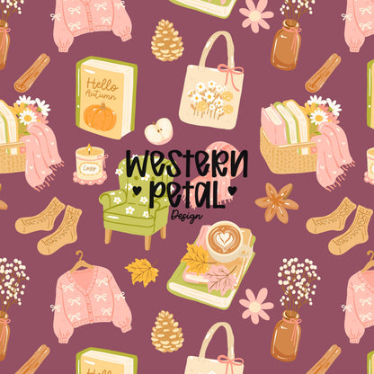 cozy autumn seamless pattern with books pumpkins sweaters latte fall aesthetic digital paper