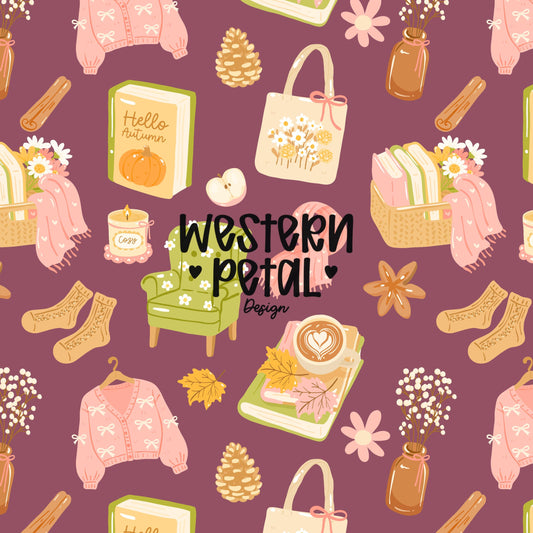 cozy autumn seamless pattern with books pumpkins sweaters latte fall aesthetic digital paper