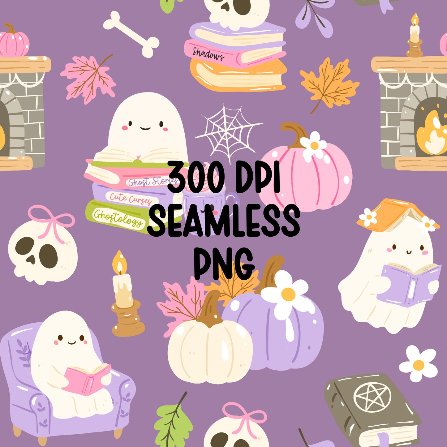 Cute Halloween Ghost Seamless Pattern PNG, Spooky Cute Digital Paper, Ghost Book Pumpkin Pattern, Pastel Halloween Repeat, Commercial Use