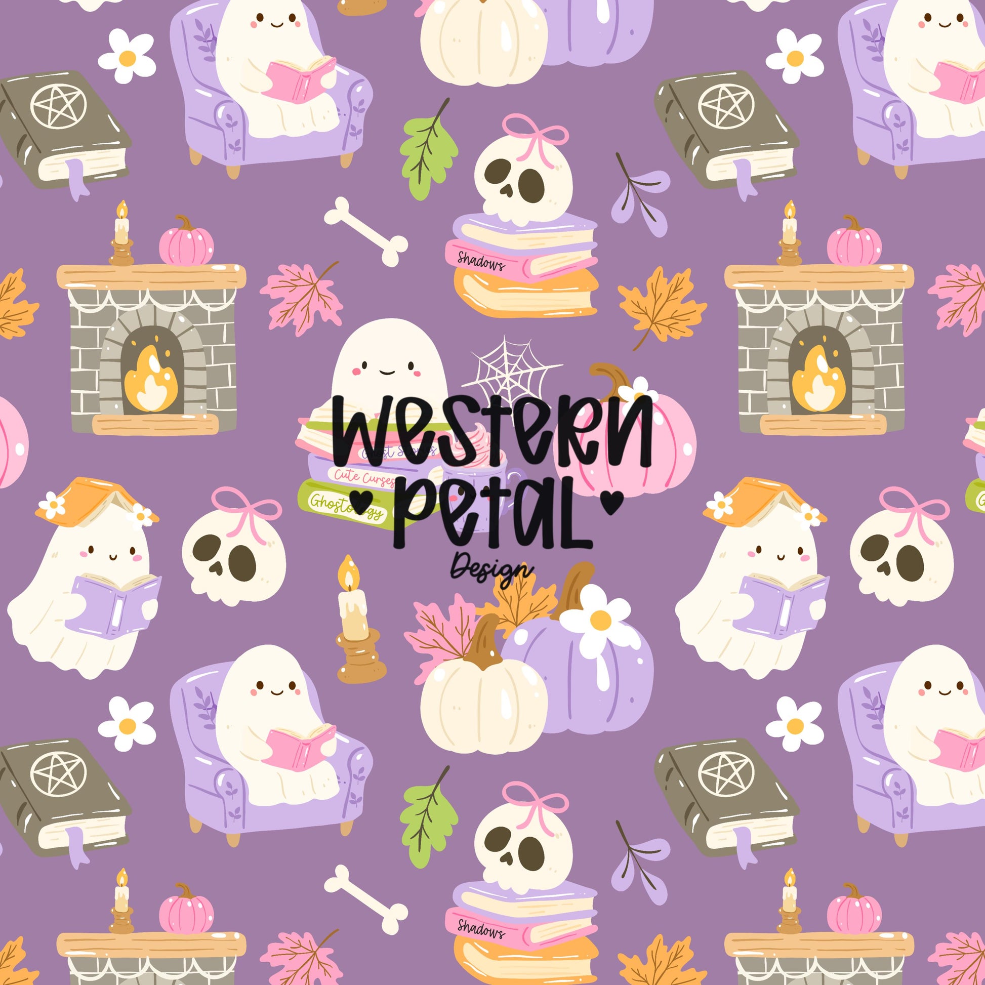 cute halloween ghost seamless pattern with books pumpkins skulls spooky aesthetic digital paper