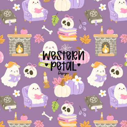 cute halloween ghost seamless pattern with books pumpkins skulls spooky aesthetic digital paper