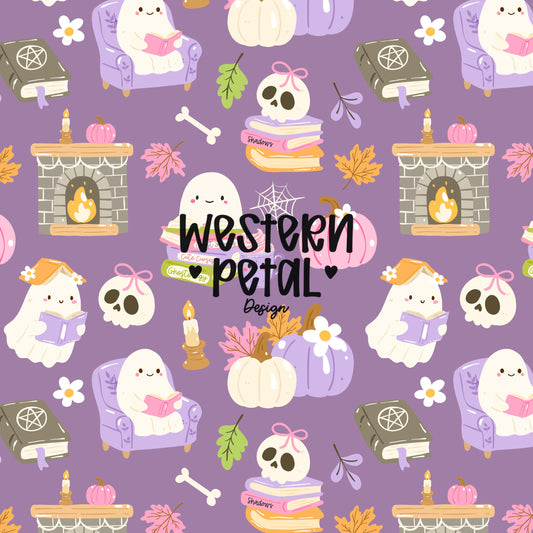 cute halloween ghost seamless pattern with books pumpkins skulls spooky aesthetic digital paper