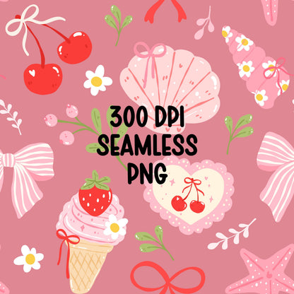Coastal Coquette Seamless Pattern PNG, Cherry Bow Beach Pattern, Summer Girly Seashell Digital Paper, Strawberry Ice Cream Print, 12x12