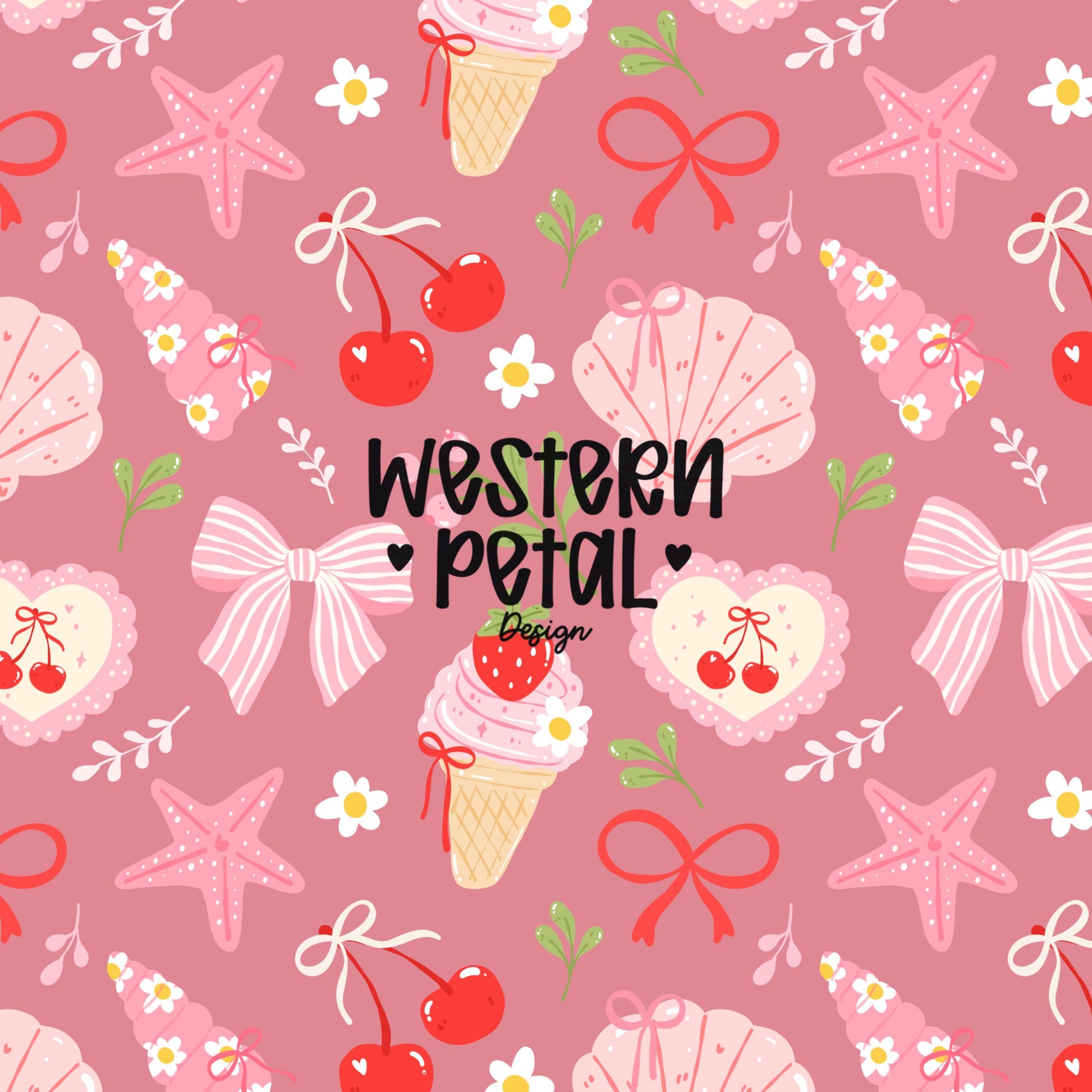 Coastal Coquette Seamless Pattern PNG, Cherry Bow Beach Pattern, Summer Girly Seashell Digital Paper, Strawberry Ice Cream Print, 12x12
